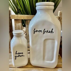 RAE DUNN - Set of 2: “Farm Fresh” & “Home Grown” Milk Jug/Carafe Bottle W/Lids